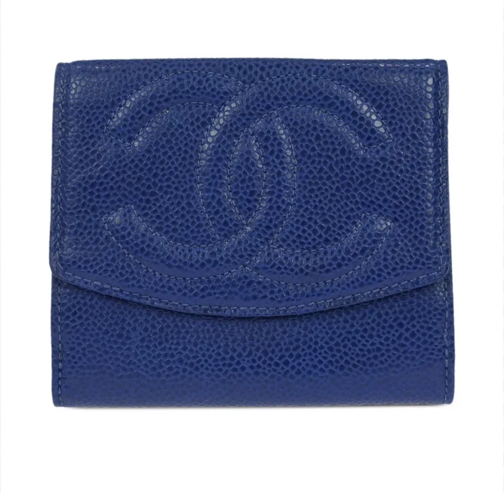 Chanel Blue Cavier Leather Card Wallet with Quilted Logo